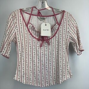 Simple Retro Women Pink Floral Stripe Ruffle Tie Neck Top Short Sleeve Small NWT